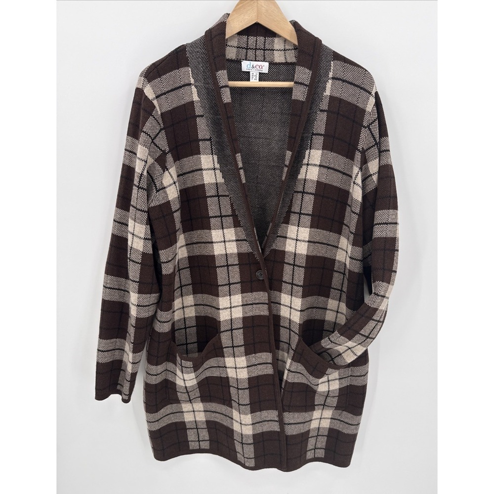 Denim and Co. Womens Brown Plaid Collared Cardigan Size 1X Classic Academia